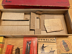 VTG. GUNSLICK SHOTGUN CLEANING KIT #178 & CONTENTS RAMROD, GREESE, PATCHES, LUBE