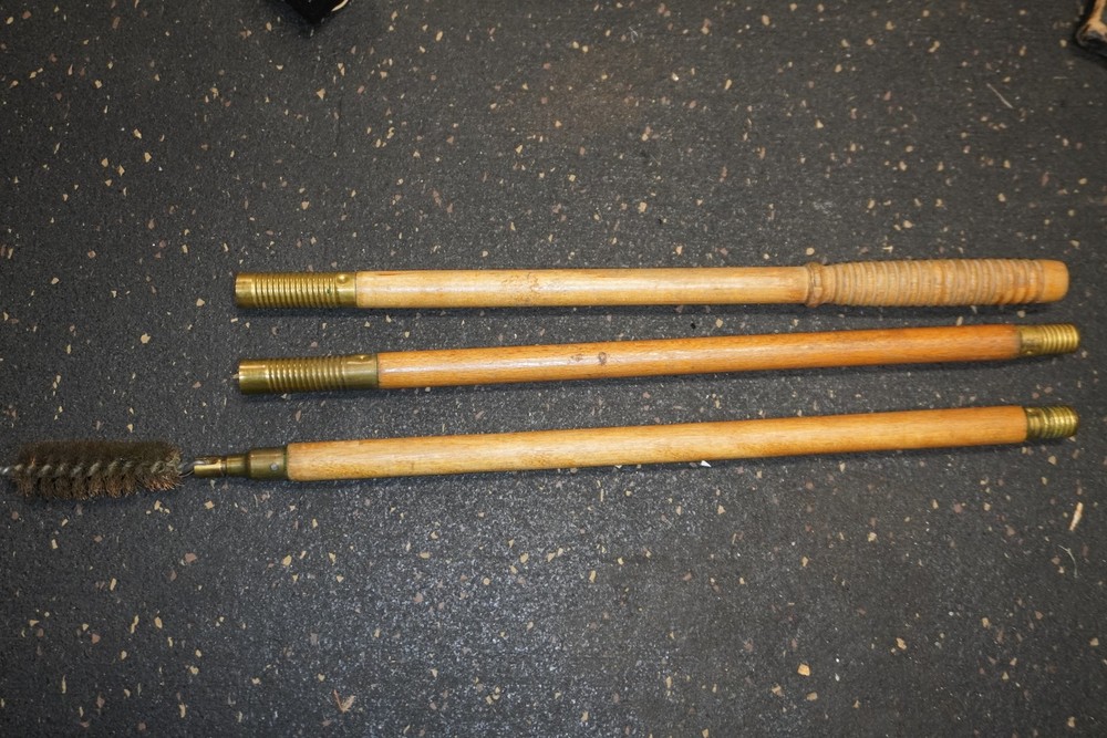 Antique 3 piece Wood Shotgun Cleaning Threaded Rod w/ Wire Brush