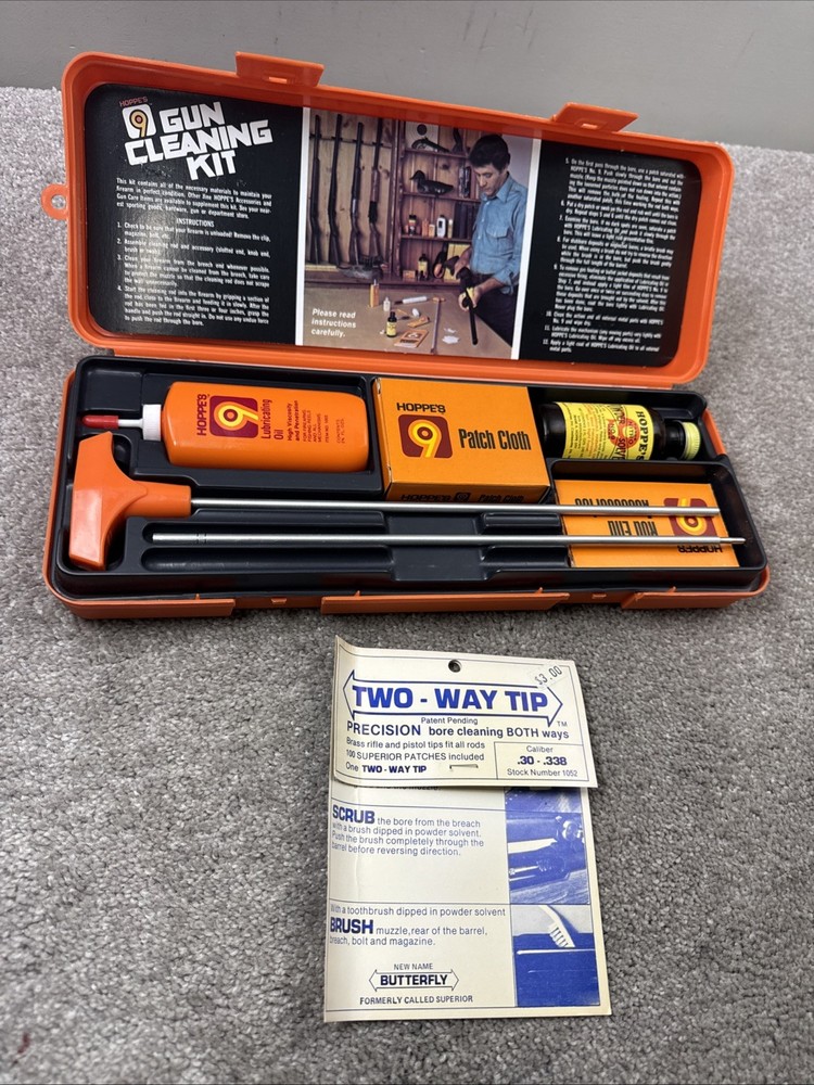 Vintage Hoppe’s No. 9 Gun Cleaning Kit Orange Box Rods Oil Solvent USA
