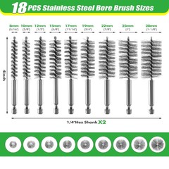 21Pcs Stainless Steel Bore Brush Set, 9 Sizes for Drill, Pipe & Engine Cleaning