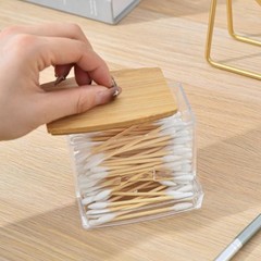 Clear Cotton Swab Storage Box with Bamboo Lid Makeup Swabs Toothpick Organizer