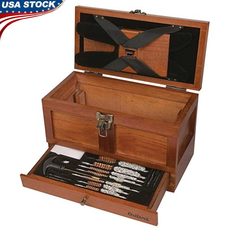 25 Piece Universal Gun Cleaning Kit Wood Tool Chest Brass Rods Brushes Mops New