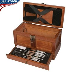 25 Piece Universal Gun Cleaning Kit Wood Tool Chest Brass Rods Brushes Mops New