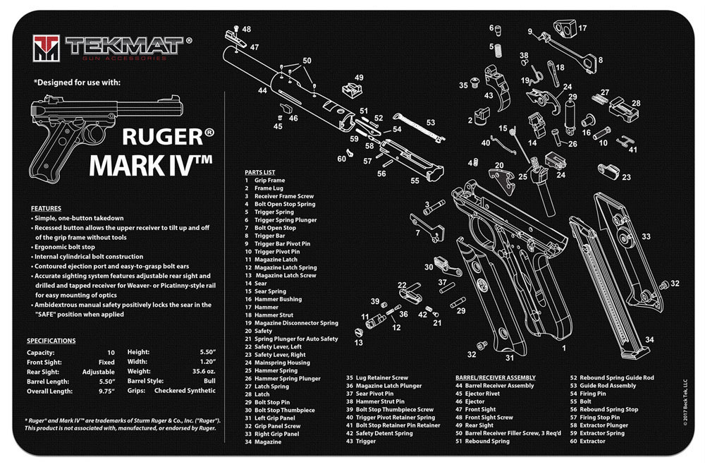 Illustrated Gun Cleaning & Repair Mat for Ruger Pistol 11″ x 17″ Neoprene Rubber