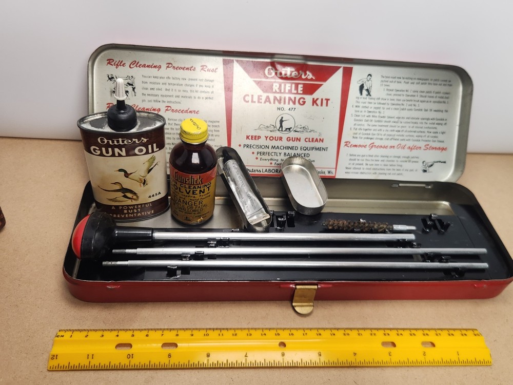 Vintage Outers Tin “Gunslick” Rifle Kit 30 Cal. w/original near full bottles