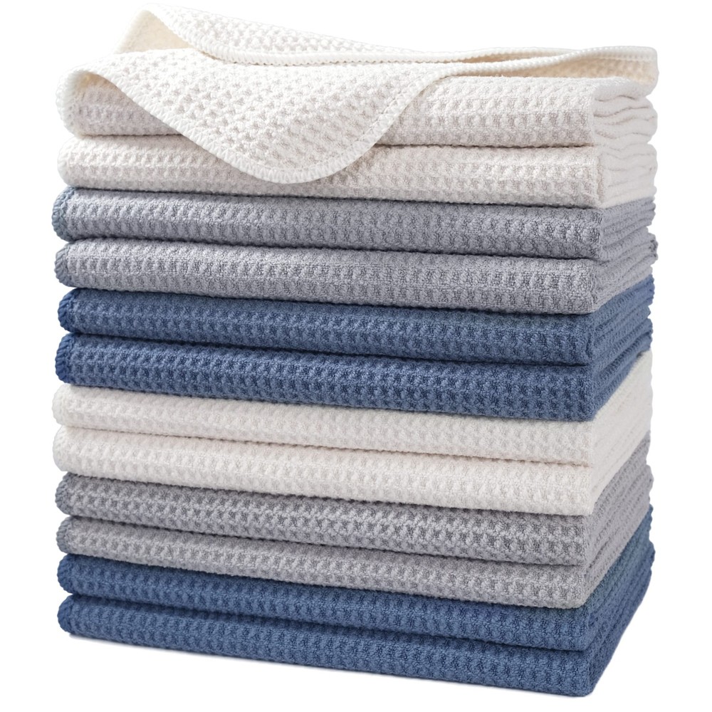 POLYTE Premium Microfiber Kitchen Dish Hand Towel, Waffle Weave, 12-Pack, 16×28″