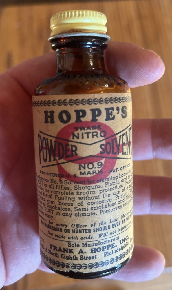 Vintage 1937 Hoppe’s Powder Solvent Nitro No. 9 Bottle 1/4 Full ***NICE***