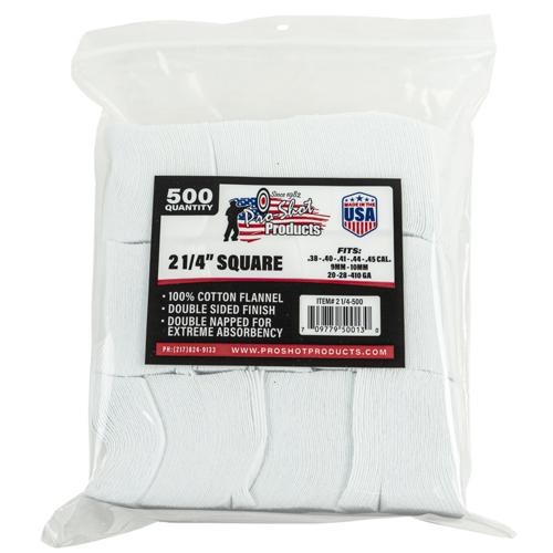 Pro-Shot 2 1/4″ Square 100% Cotton Cleaning Patches .38-.45 Cal 500 ct