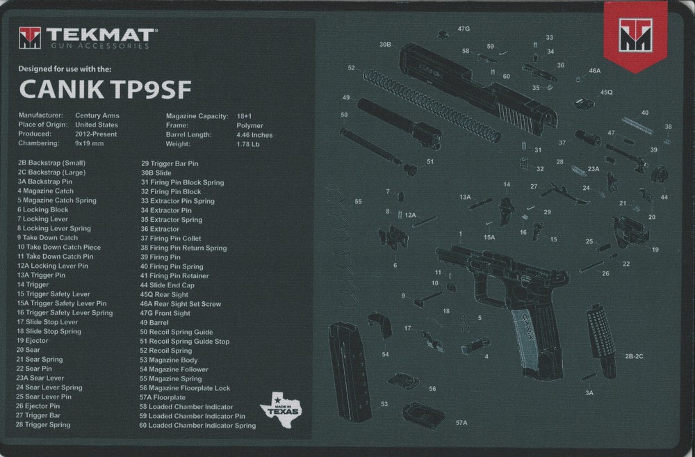 Illustrated Gun Cleaning & Repair Mat for Canik TP9SF, 11×17 Neoprene SHIPS FREE