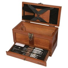25 Piece Universal Gun Cleaning Kit Wood Tool Chest Brass Rods Brushes Mops New