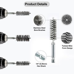 5Pcs 3/8″ Stainless Steel Bore Brush Set – 1/4″ Hex Shank Wire Cleaning Brushes