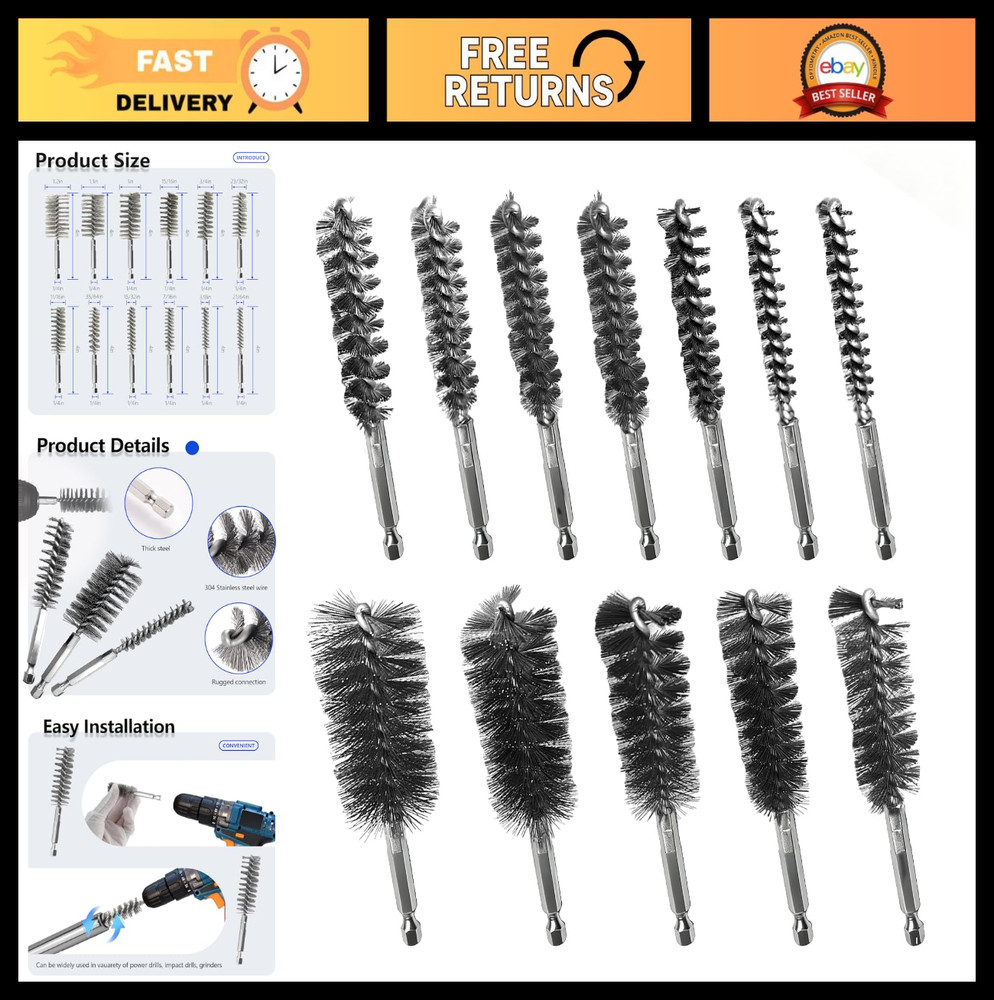 12Pcs Stainless Steel Bore Brush Set – 1/4″ Hex Shank Wire Brushes for Rust & Tu