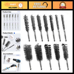 12Pcs Stainless Steel Bore Brush Set – 1/4″ Hex Shank Wire Brushes for Rust & Tu