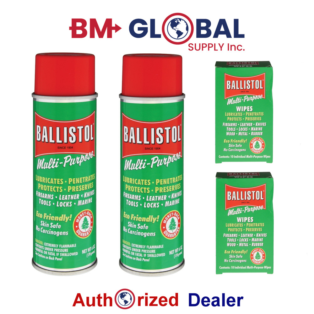 Ballistol 2 Cans Multi Purpose Lubricant Gun Cleaner 6 oz + 20 Guns Wipes &
