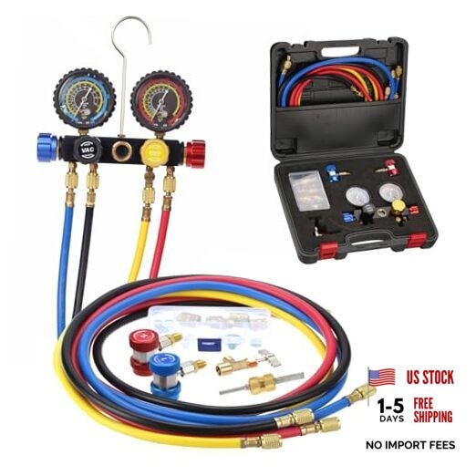 PB Motor Tech 4-Way AC Manifold Gauge Set for R22, R134A, R410A Refrigerants,