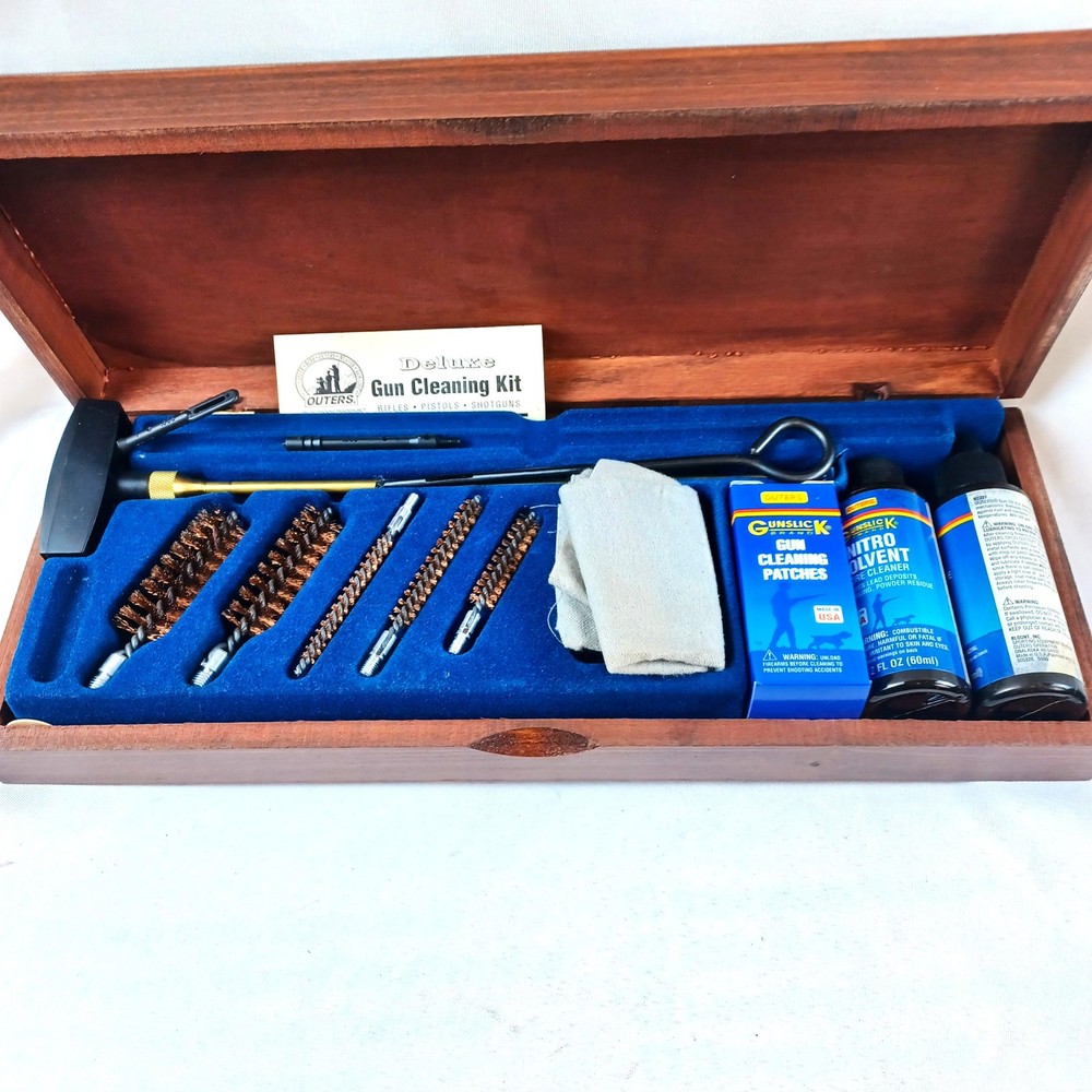 Deluxe Gun Cleaning Kit Outers Wooden Case Bronze Brushes-No Solvent or CD