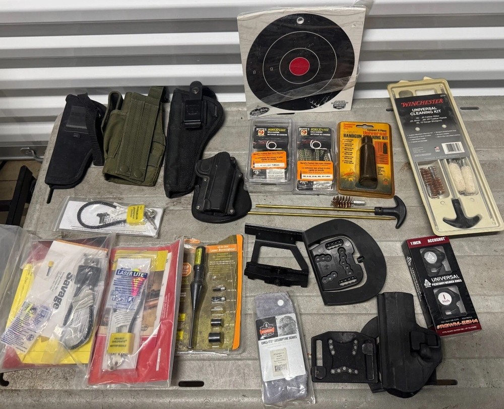 Lot of Bulldog Gun Holsters, Laser Boresighter, Savage Lock W/ Keys, Boresnake