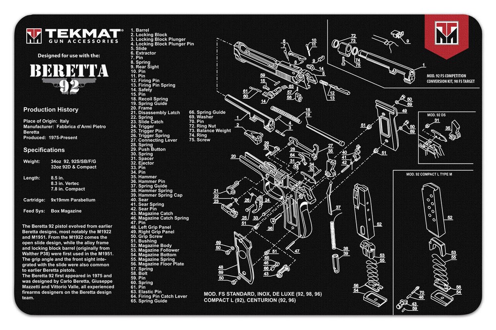 Tekmat Gun Cleaning Bench Mat – You pick [Beretta 92, Sig Sauer P238/938]