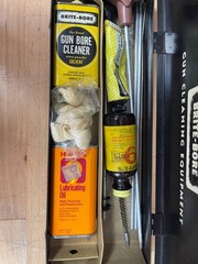 Vintage Brite-Bore Rifle Gun Cleaning Kit w/ Hoppe’s No. 9, Tins, Solvent, Rods
