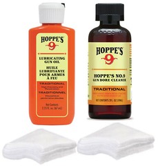Hoppes Gun Cleaning Bore Cleaner & Lube Oil w/40-50 with Cotton Patches 9mm – 45