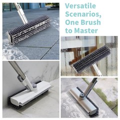 Floor Scrub Brush w/ Long Handle, 3-in-1 Scrape, Stiff Bristles, 360° Rotating H