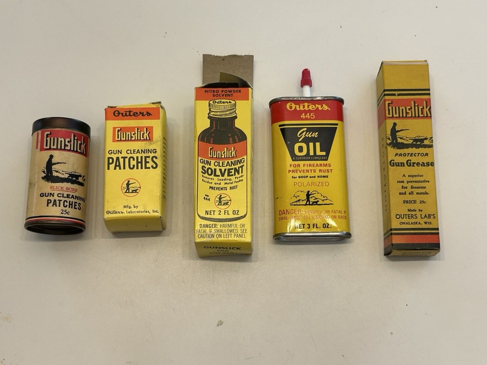 Vintage Lot of 5 Outers Gunslick Patches Grease Solvent And 445 Gun Oil