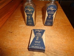 2 Vintage JC Higgins Sears Roebuck Solvent Bottle Guns & Reels &Empty Patch Box