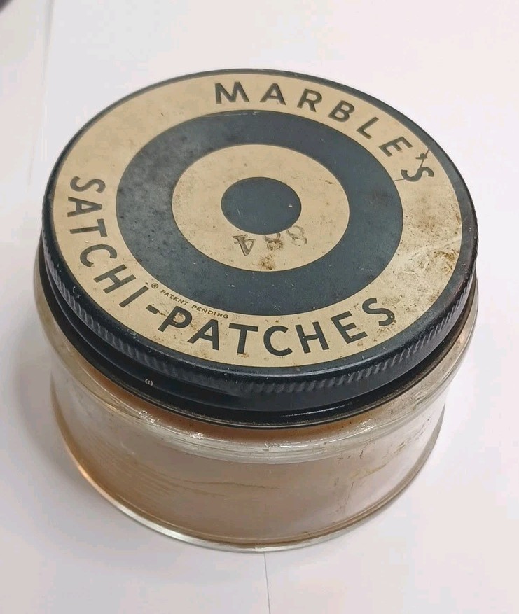 Vtg MARBLE’S SATCHI-PATCHES Jar And Patches 884 F/ The Marble’s Arms Corp. U.S.A