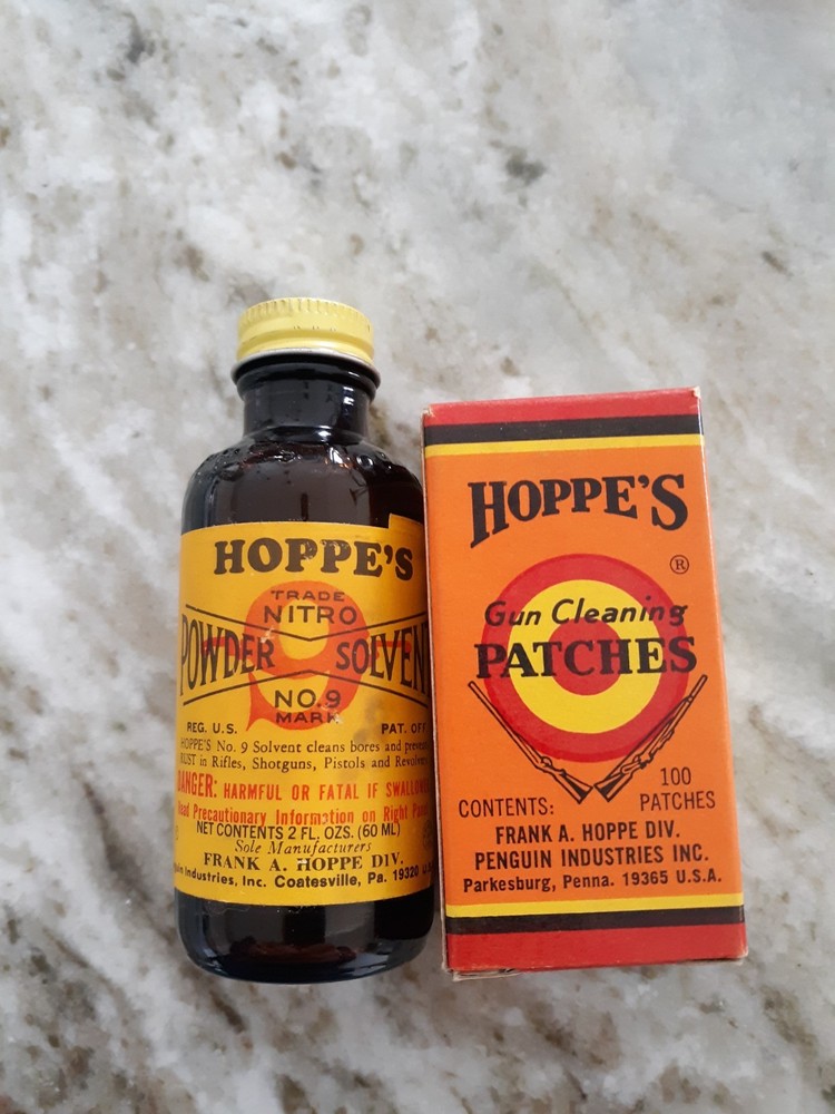 Hoppes Full 2 oz. Nitro Solvent Bottle & No.2 Rifle Patches Box .22-.270 Caliber