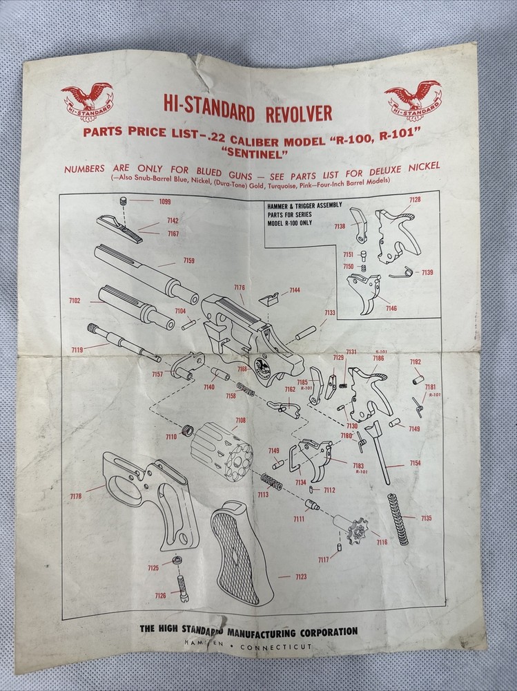 1957 VTG Hi-Standard Revolver Parts Price LIST ONLY 22 Caliber Model R-100 R-101