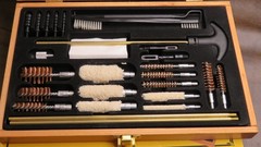 Vntg OUTERS 28pc multicaliber gun cleaning kit, brass rod, brushes patches more