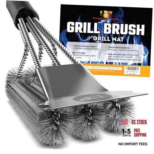 Safe Wire Grill Brush for Outdoor Grill w/Grill Scraper & Grill Mat Grill