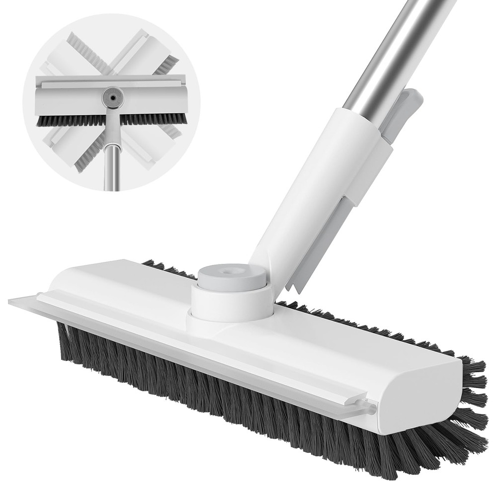 Floor Scrub Brush w/ Long Handle, 3-in-1 Scrape, Stiff Bristles, 360° Rotating H