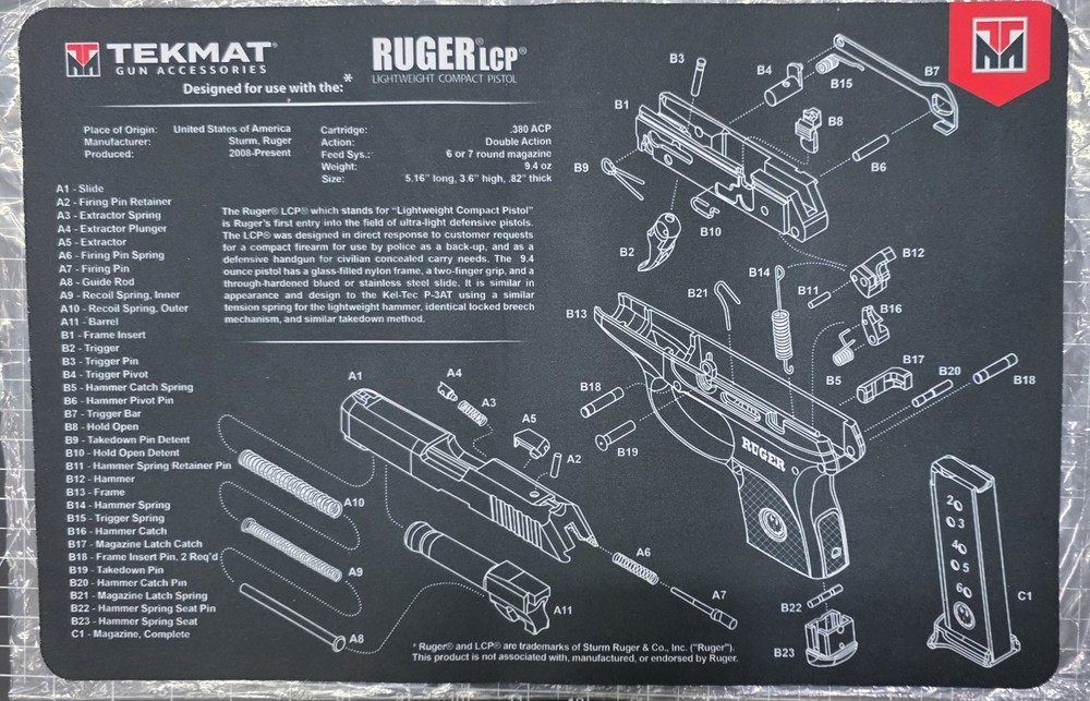 TekMat – Ruger LCP Gun Cleaning Mat, Slide Resistant Rubber Grip 1/8″x17″x11″