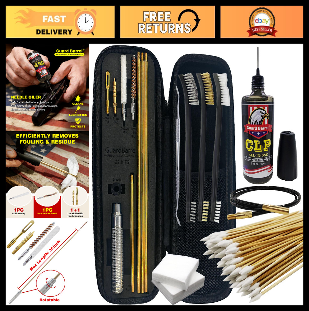 Universal Gun Cleaning Kit for .22 .223 5.56mm Rifle & Pistol – Oil, Snake, Brus