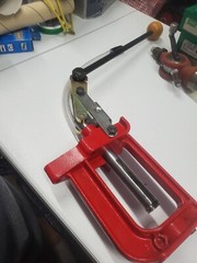box of gun supplies breech lock challenger press, Die sets, powder trickler,