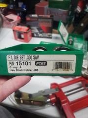 box of gun supplies breech lock challenger press, Die sets, powder trickler,