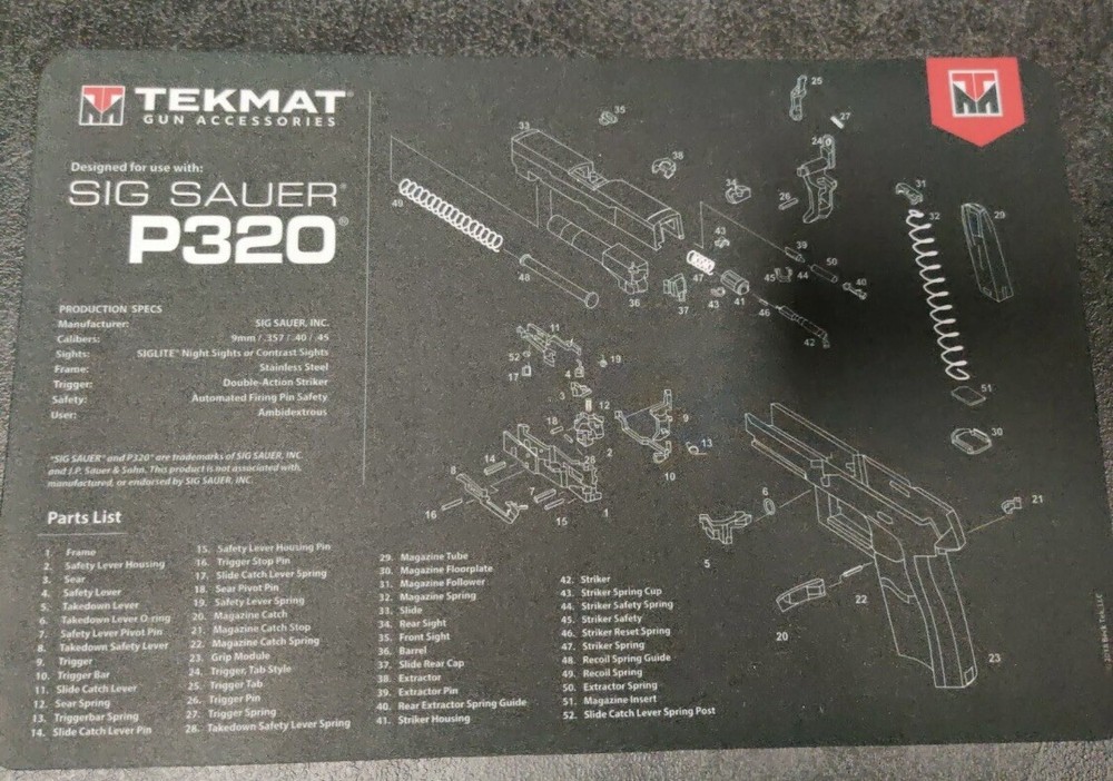 Tekmat Armorers Bench Mat 11”x17” Sigarms P320 Black: 17-SIGP320