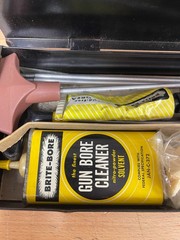 Vintage Brite-Bore Rifle Gun Cleaning Kit w/ Hoppe’s No. 9, Tins, Solvent, Rods