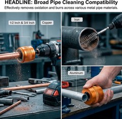 Copper Pipe Cleaner Set 1/2 3/4 Inch with Stainless Steel Bore Brushes Kit for