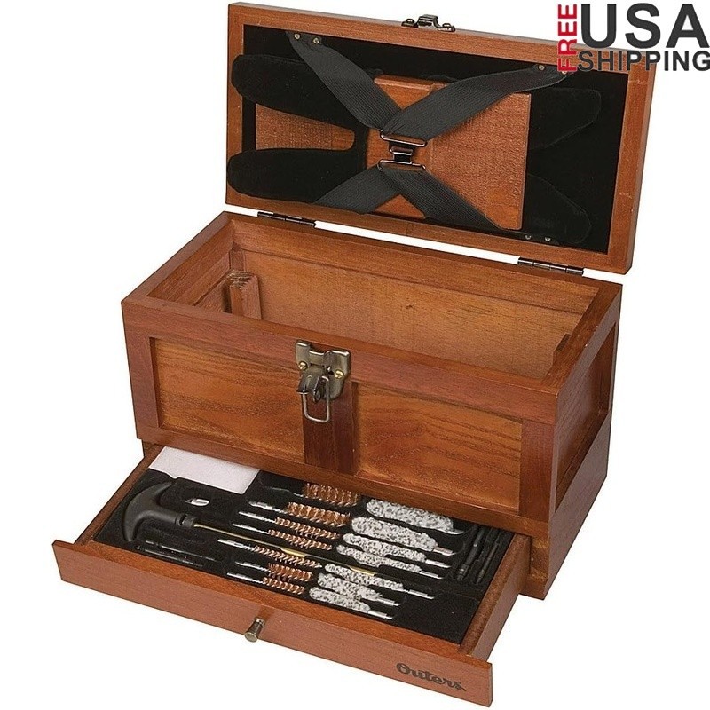 Universal 25pc Wood Gun Cleaning Tool Kit Aged Oak Brass Rods Brushes Mops New