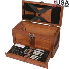 Universal 25pc Wood Gun Cleaning Tool Kit Aged Oak Brass Rods Brushes Mops New