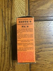 VINTAGE HOPPE’S NITRO POWDER SOLVENT #9 GLASS BOTTLE & ORIGINAL BOX HALF FULL