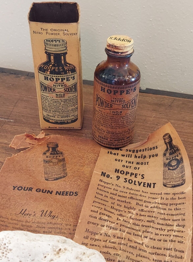 Vintage Hoppe’s Nitro Powder Solvent No.9 Bottle Glass w/ Original Box Papers