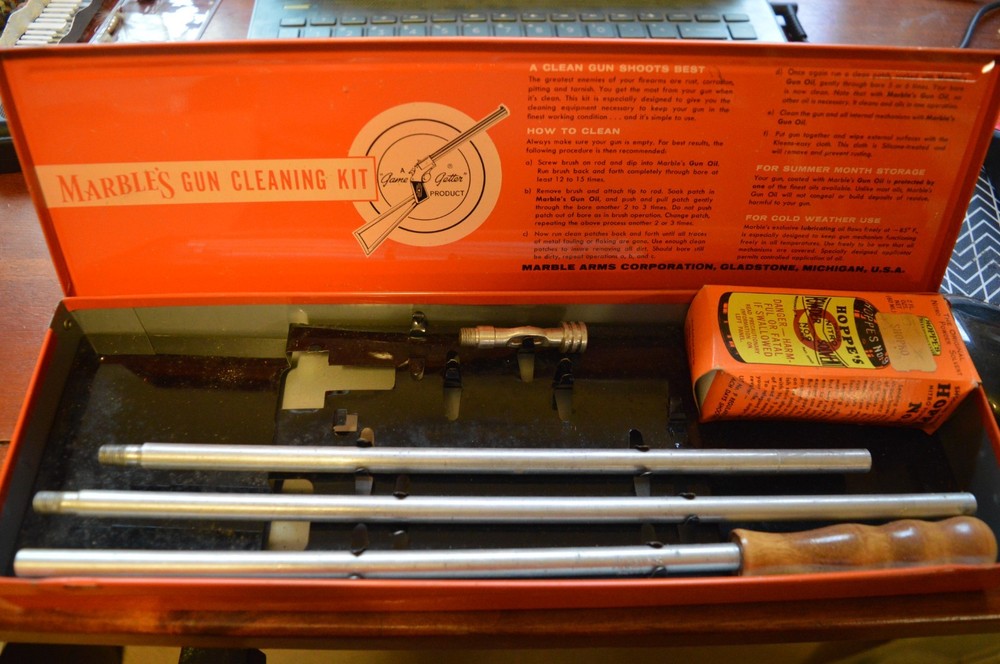 Vintage Marble’s Steel Gun Cleaning Kit Box- “Game Getter” Incomplete 14.5″x4.5″