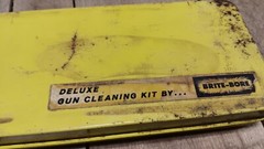 Vintage Brite-Boer Deluxe Gun Rifle Cleaning Kit in Yellow Tin Box