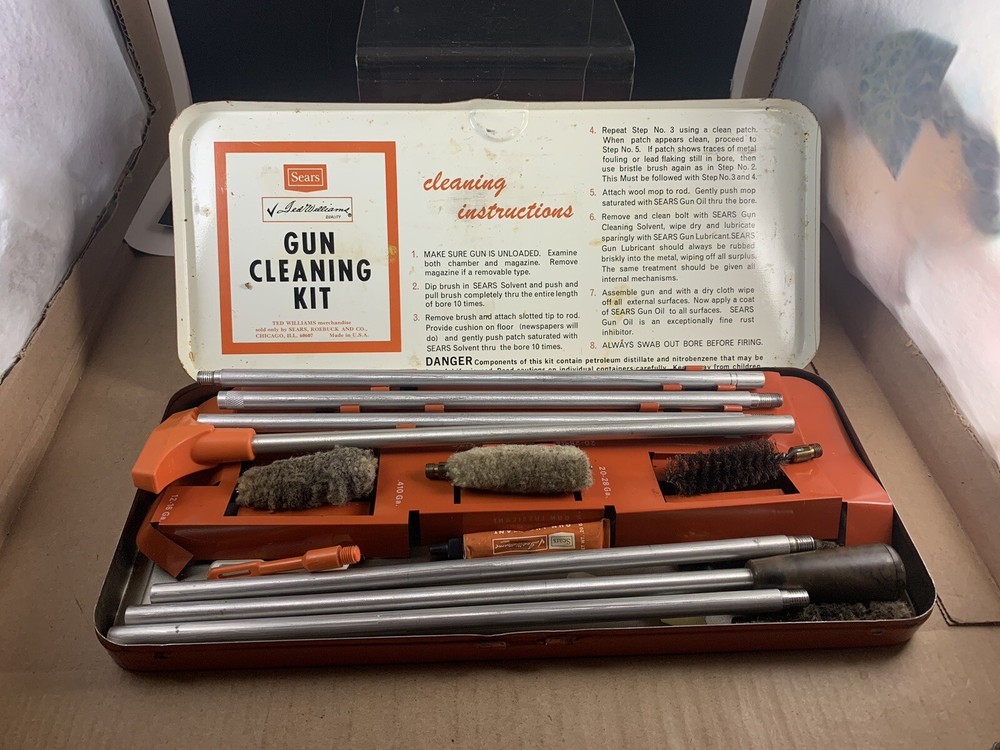Vintage Sears Hunting Gun Rifle Ted Williams Cleaning Kit Orange EUC Tips Rod