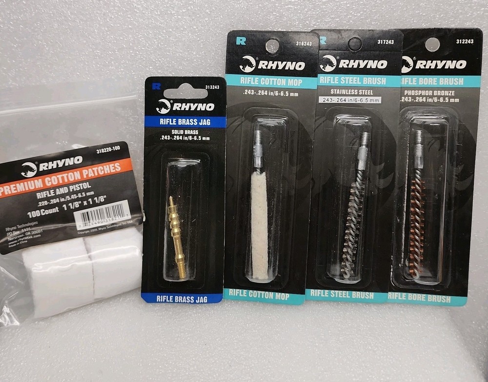 .243 Cal. Rifle 5 Pc. RHYNO Bore Brush Cleaning Kit, Cleaning Brush, Swab ,Jag