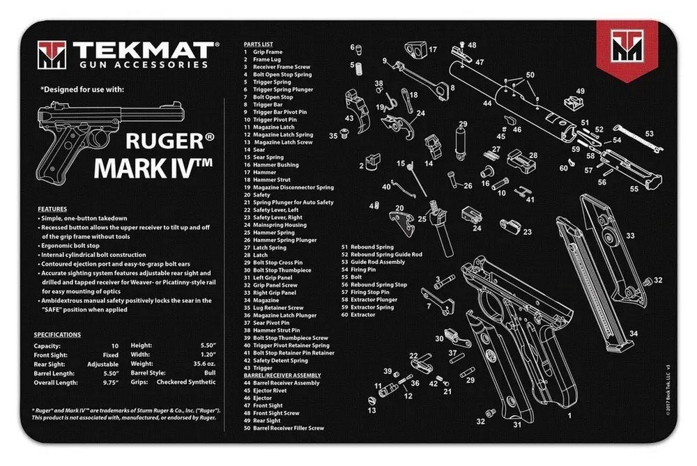 TekMat Ruger Mark IV Cleaning Mat Diagram 11″ x 17″ – TEKR17RUGERMK4