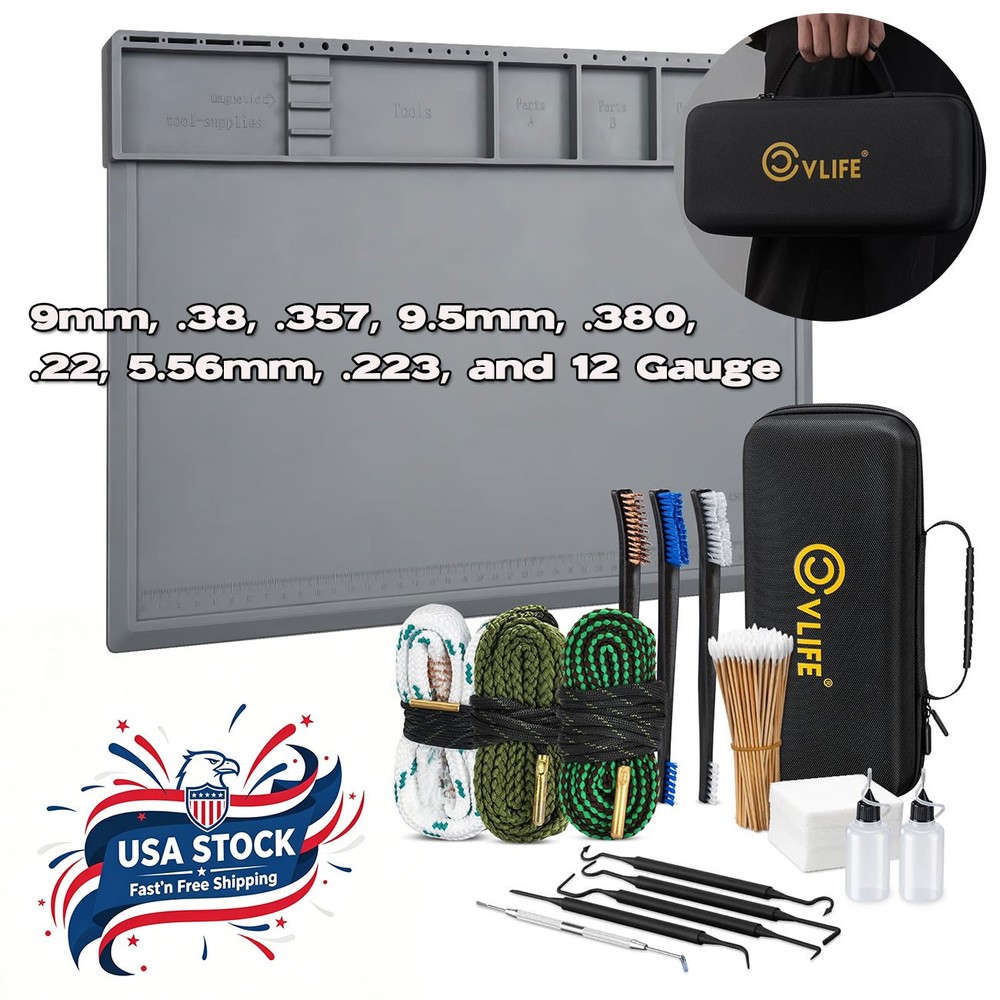 Gun Cleaning Kit w/ Mat for 9mm .223/5.56mm .38 .357/12GA Rifle Pistol Shotgun
